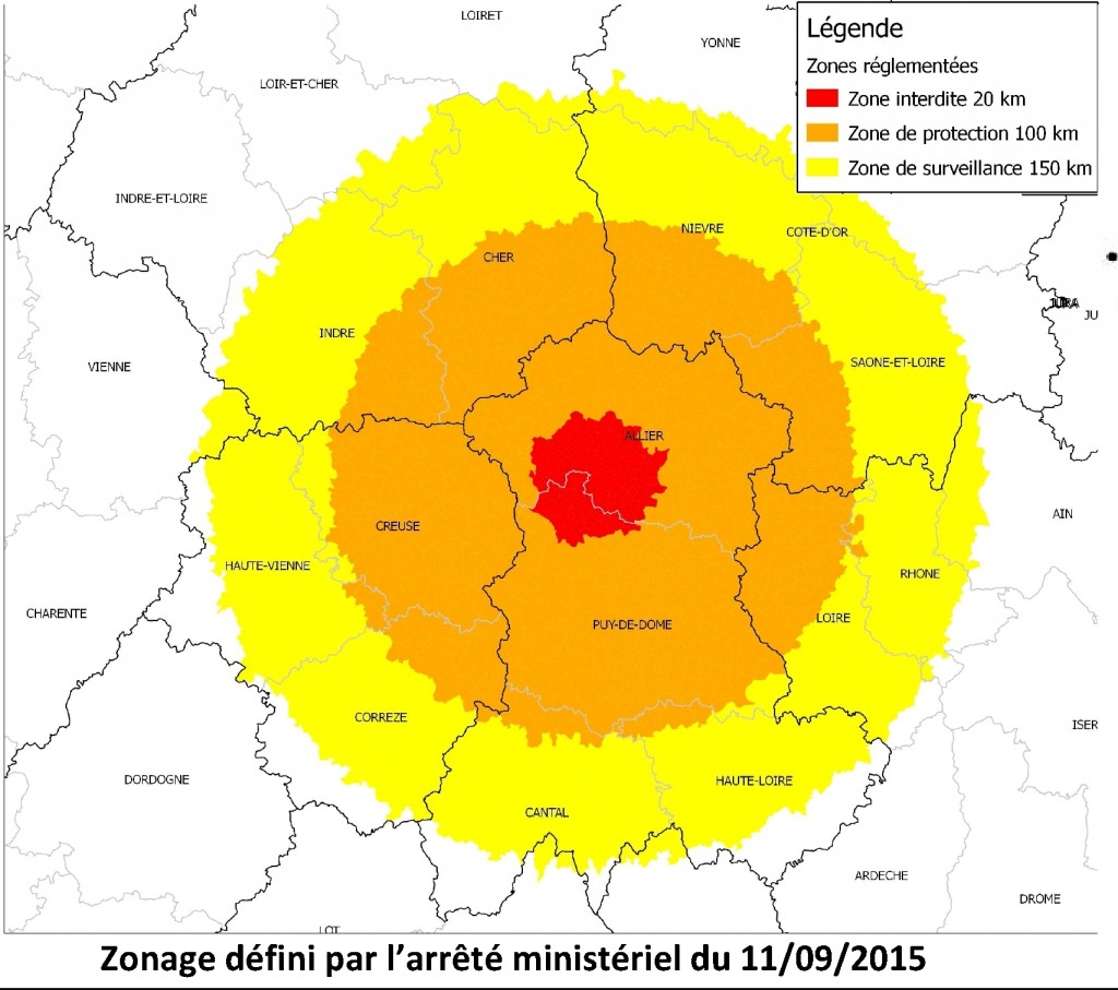 Lors d’apparition d’un cas de fièvre catarrhale, des zones d'interdiction (20 km), de protection (100 km) et de surveillance (150 km) sont définies. Ce zonage est évolutif en fonction des cas identifiés. Toute la France continentale pourrait être concernée. 